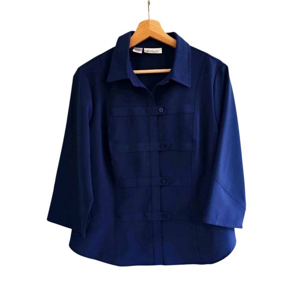 Vintage Cathy Che Navy Blue Military Button Up Blouse 3/4 Sleeves Size Large